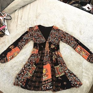 Free people closer to the heart orange/blk long sleeve mini dress. Size XS